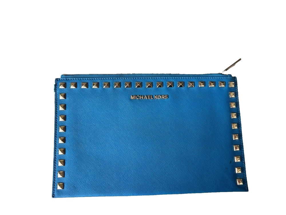 MK Michael Kors Turquoise Blue Saffiano Leather Gold Studded Pouch Wallet XL